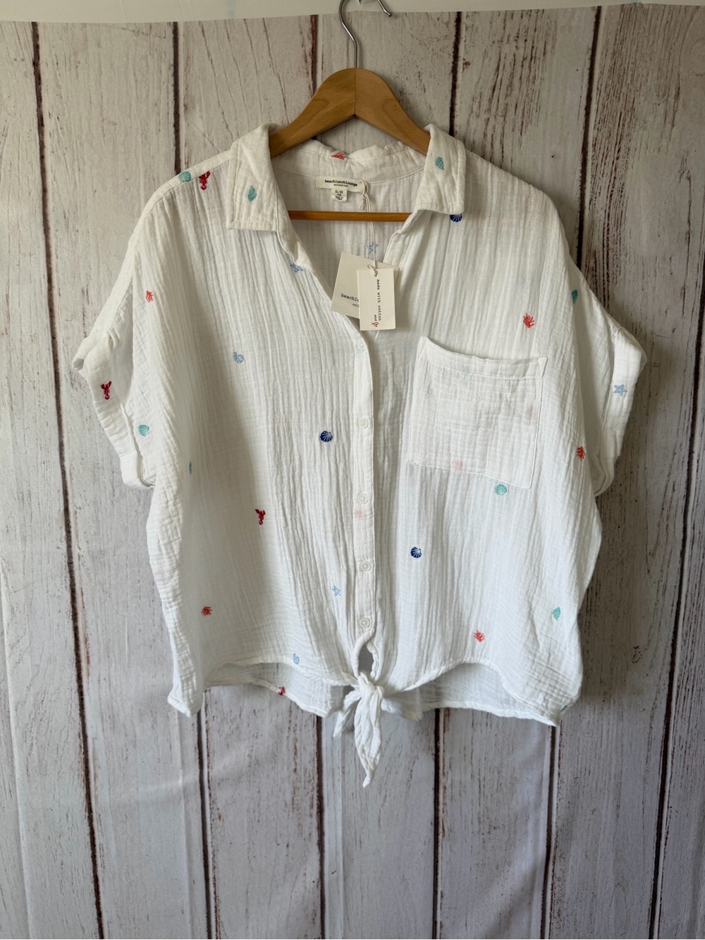 beachlunchlounge White Button-Front Tie Hem Top with Multicolor Embroidery